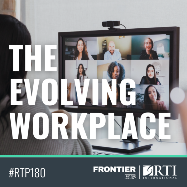 RTP180: Evolving Workplace flyer. Coworkers on a zoom call together.